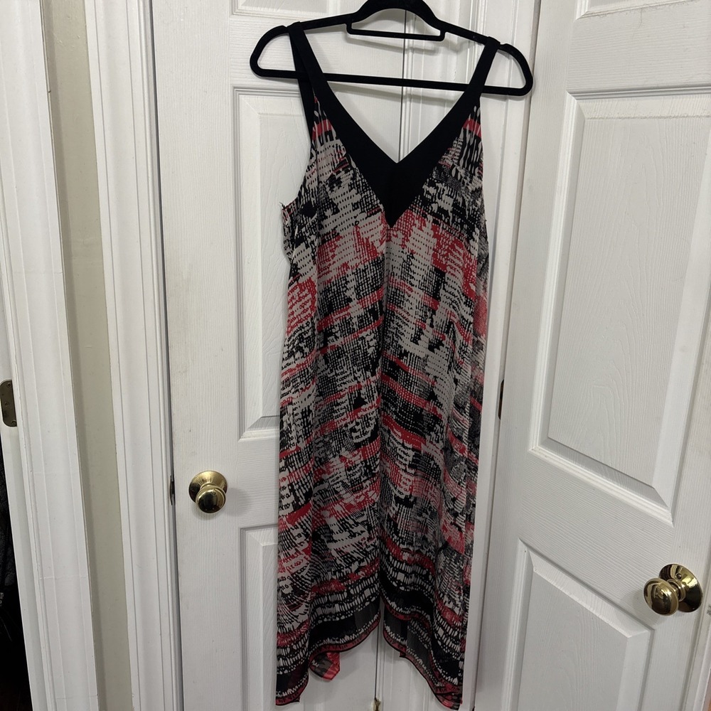 Adrianna Papell Stamped Chiffon Asymmetrical Hem Dress Red Black 12